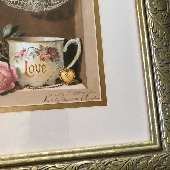 Sandy Clough Framed and Matted Signed Art Print Tea Cups Lace Custom Framed Gold - Picture 4 of 10